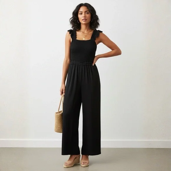 ✨ Hailey & Co. Black Smocked Ruffle Strap Wide-Leg Jumpsuit - Size M ✨ - Picture 1 of 4